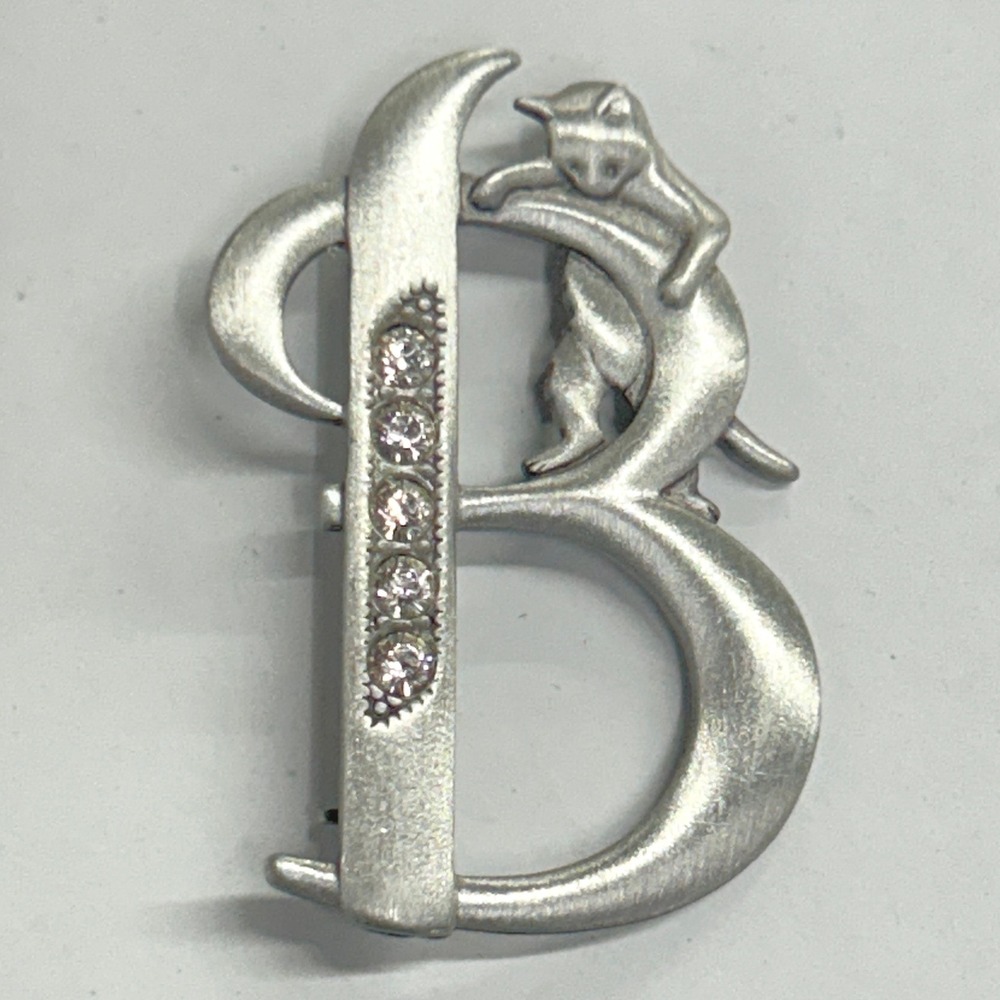 JJ‎ Jonette Pewter Cat Initial B Brooch Pin Rhinestone OS Silver Tone Whimsical